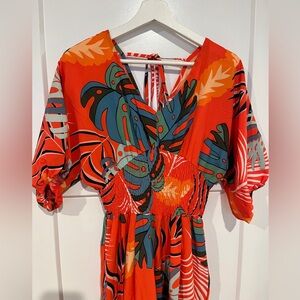 Tropical Print Colorful Orange/Coral Wide Leg Jumpsuit